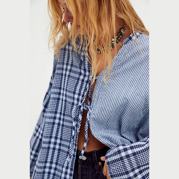 RARE New Free People x CP SHADES Boxy Bed Jacket Top plaid blue Boho - Picture 10 of 11